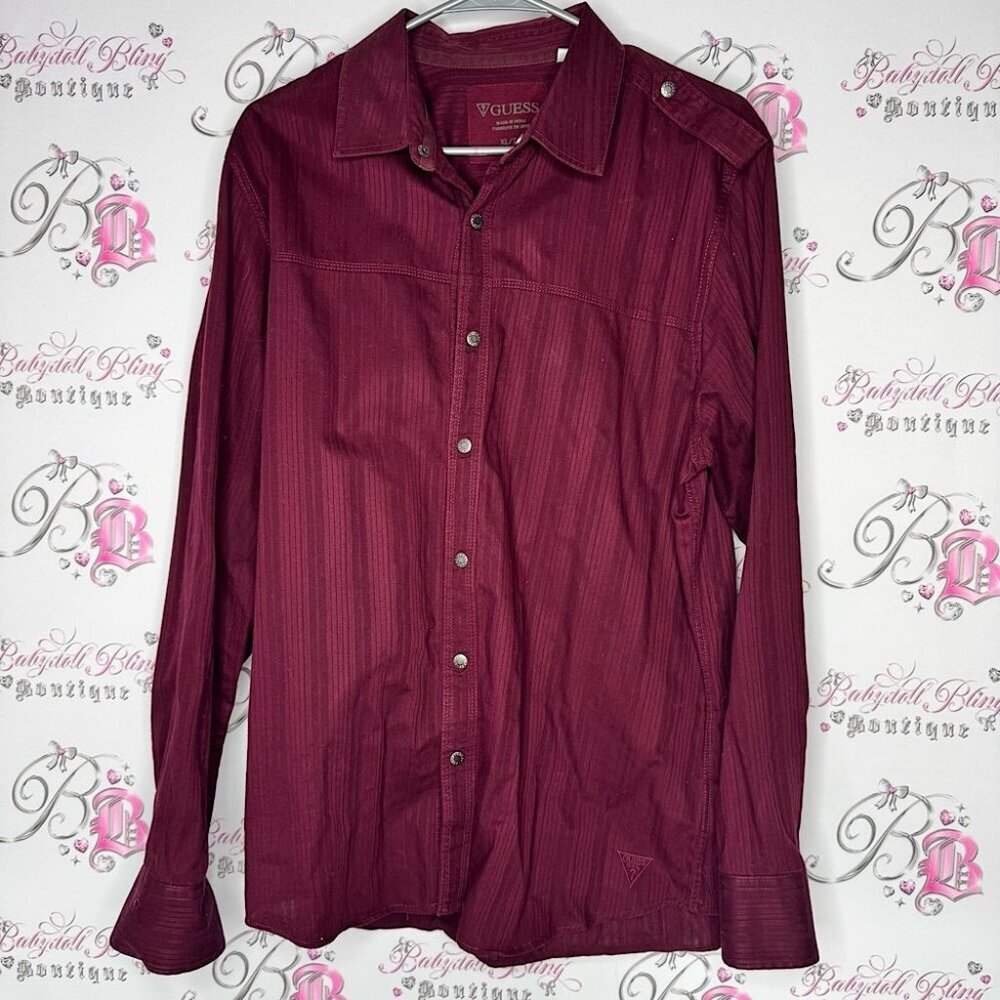 Guess Men's Burgundy Shirt dress shirt button up logo embroidered embroidery
